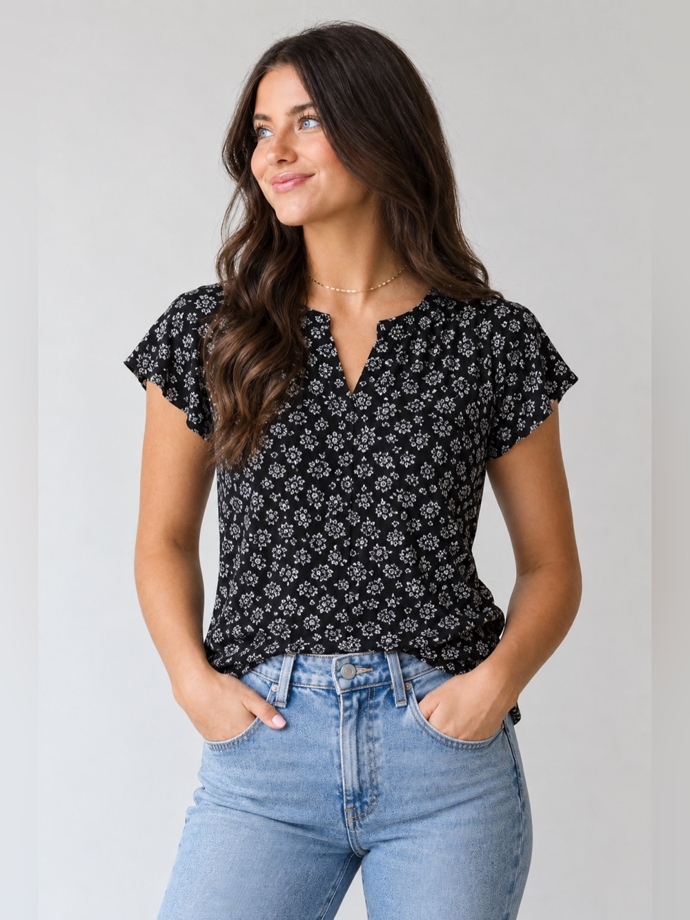 Old Navy Black Short Sleeve Top with White Floral Print - Indie, Boho